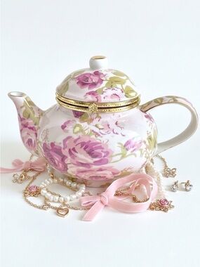 BAUM Asian Rose Collection Hinged Lid Porcelain Teapot Trinket Box Pink Floral